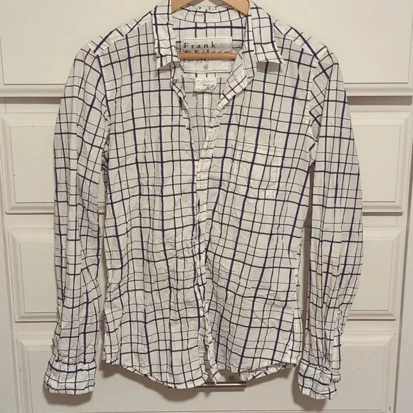 Frank & Eileen Barry Crinkle Windowpane Button Down Shirt Medium White Blue - Picture 1 of 9